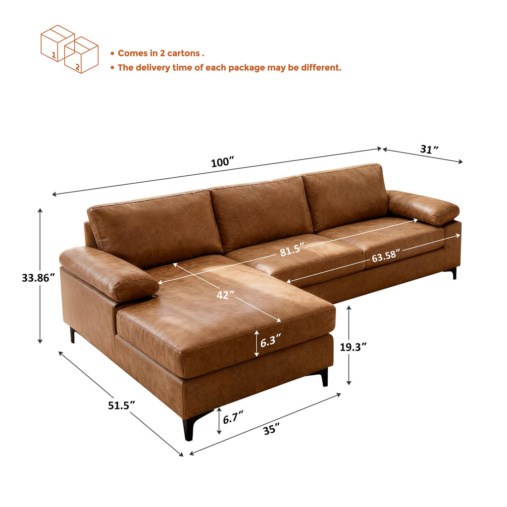 Faux Leather Couch with Reversible Chaise, Brown