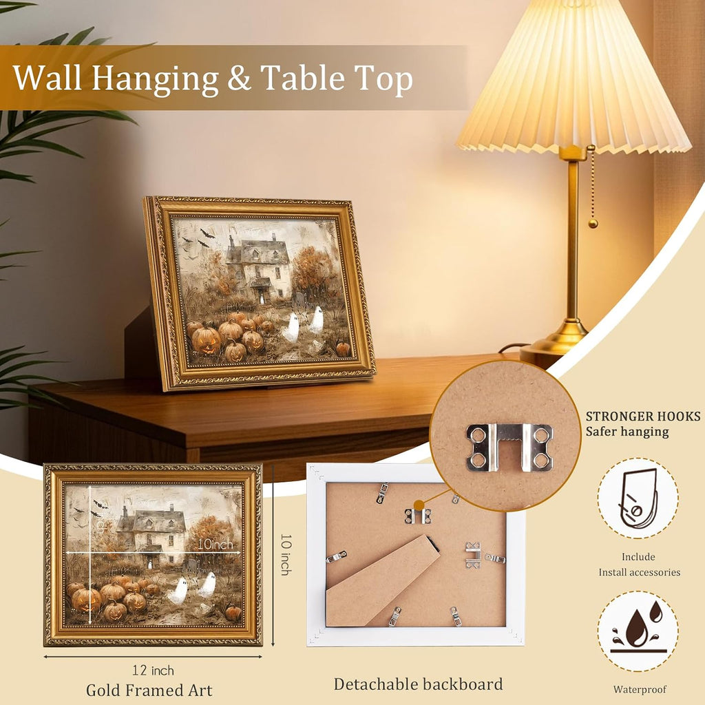 Retro Detachable Gold Framed Wall Art Decor Halloween Pumpkins with Cute Ghost Farmhouse Gold Framed Wall Decor