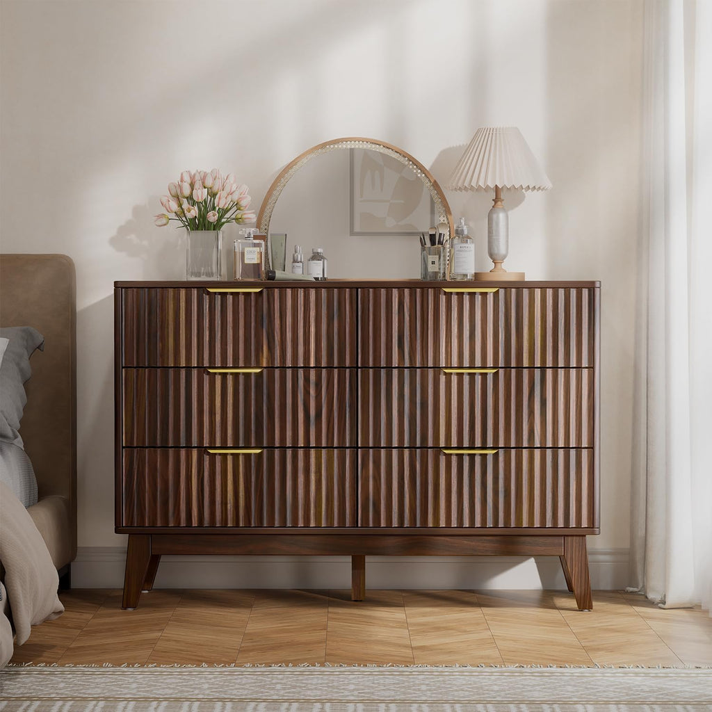 6-Drawer Dresser Fluted Drawers, Mid-Century, Walnut | 47.2"W x 15.4"D x 32.3"H, 130 lbs top / 40 lbs per drawer