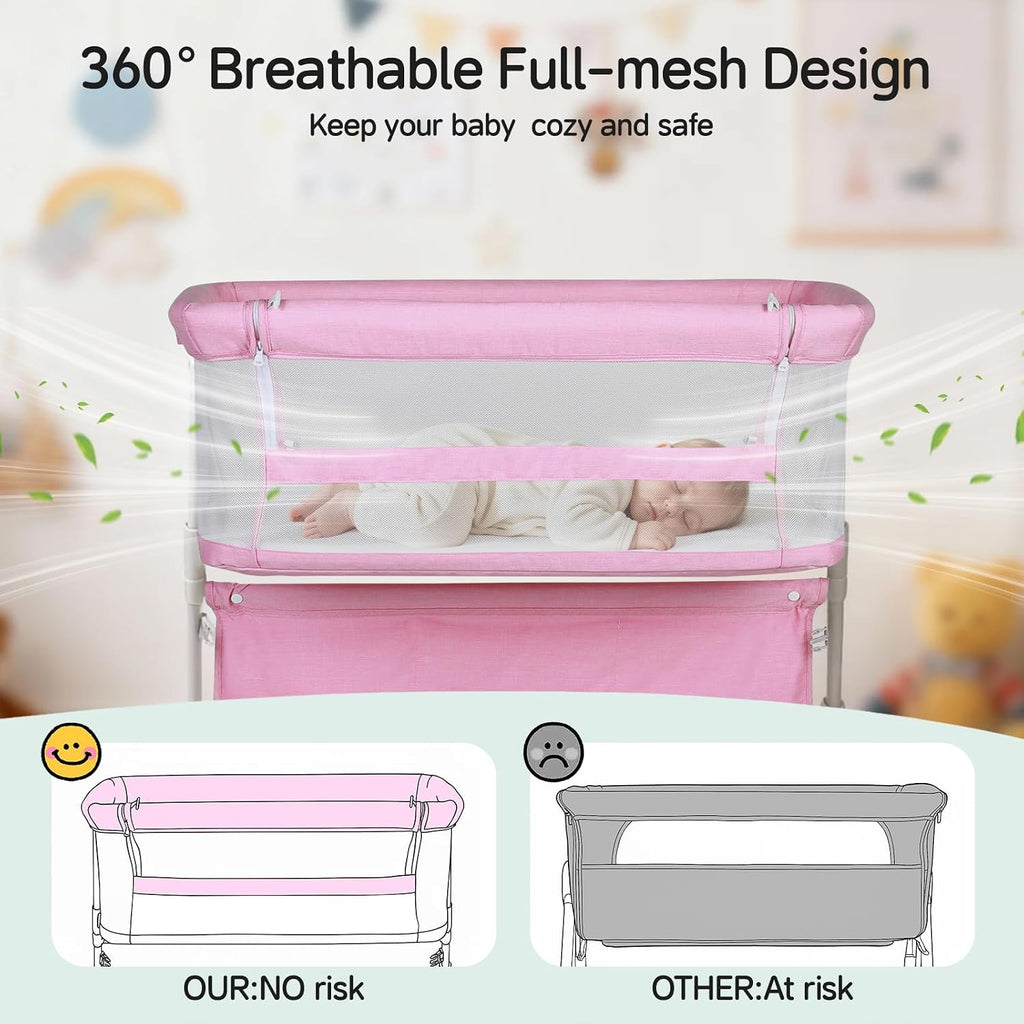 Bassinet Bedside Sleeper,Baby Bassinet Slides Over Bed,5-Position Height Adjustment & Breathable All-Mesh Wall