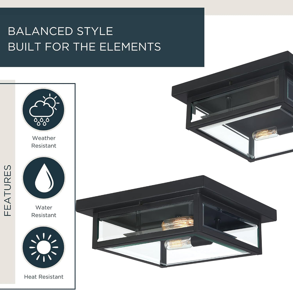 Westover 12" Outdoor Flush Mount Ceiling Light, 2-Light Earth Black with Clear Beveled Glass, E12 Base, ETL Damp Rated