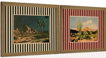 Vintage Western Cactus Wall Art Set of 2, Southwestern Desert Canvas Prints Wall Decor Mid Century Nature Striped