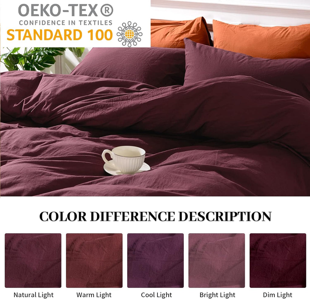 Duvet Cover Set Linen Look Textured 100% Washed Cotton Duvet Cover Burgundy Dark Red 3 Pieces Bedding Set