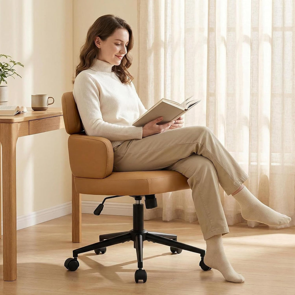 Leather Home with Unique Curved Back, Wide Seat Computer Desk Chair with Wheels,Swivel Tilt & Height Adjustable,Matel