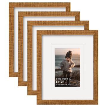 8x10 Picture Frame Teak Solid Wood Set of 4, Mat 4x6 / 5x7