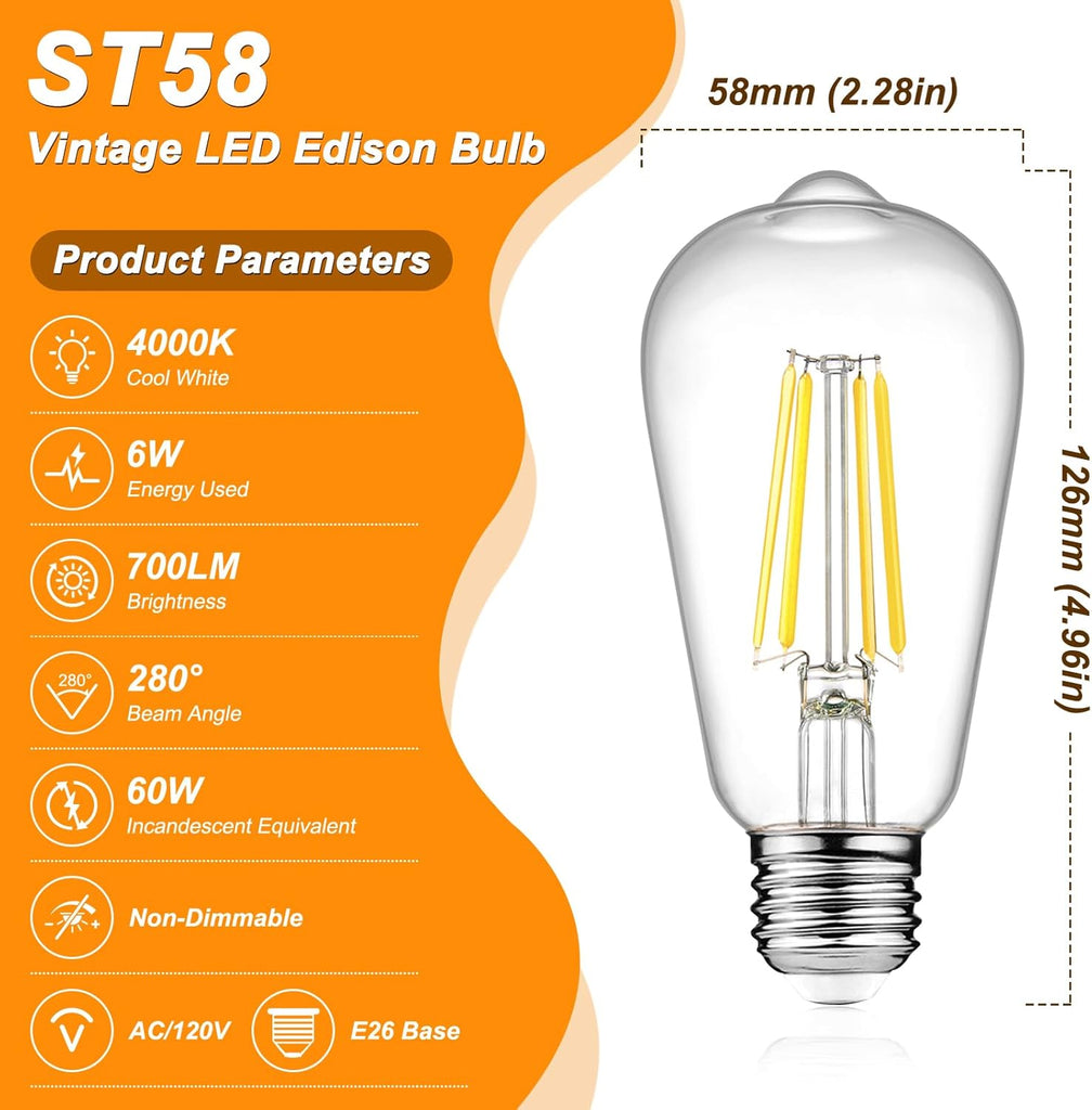 Vintage LED Edison Bulbs, 6W, Equivalent 60W, Non-Dimmable, High Brightness Cool White 4000K, ST58 Antique LED