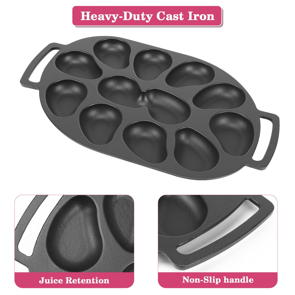 Oyster Grill Pan, Cast Iron Multi-Functional Grill Pan for Oysters and Scallop, Matt Enamel, 12 Cavities, for BBQ