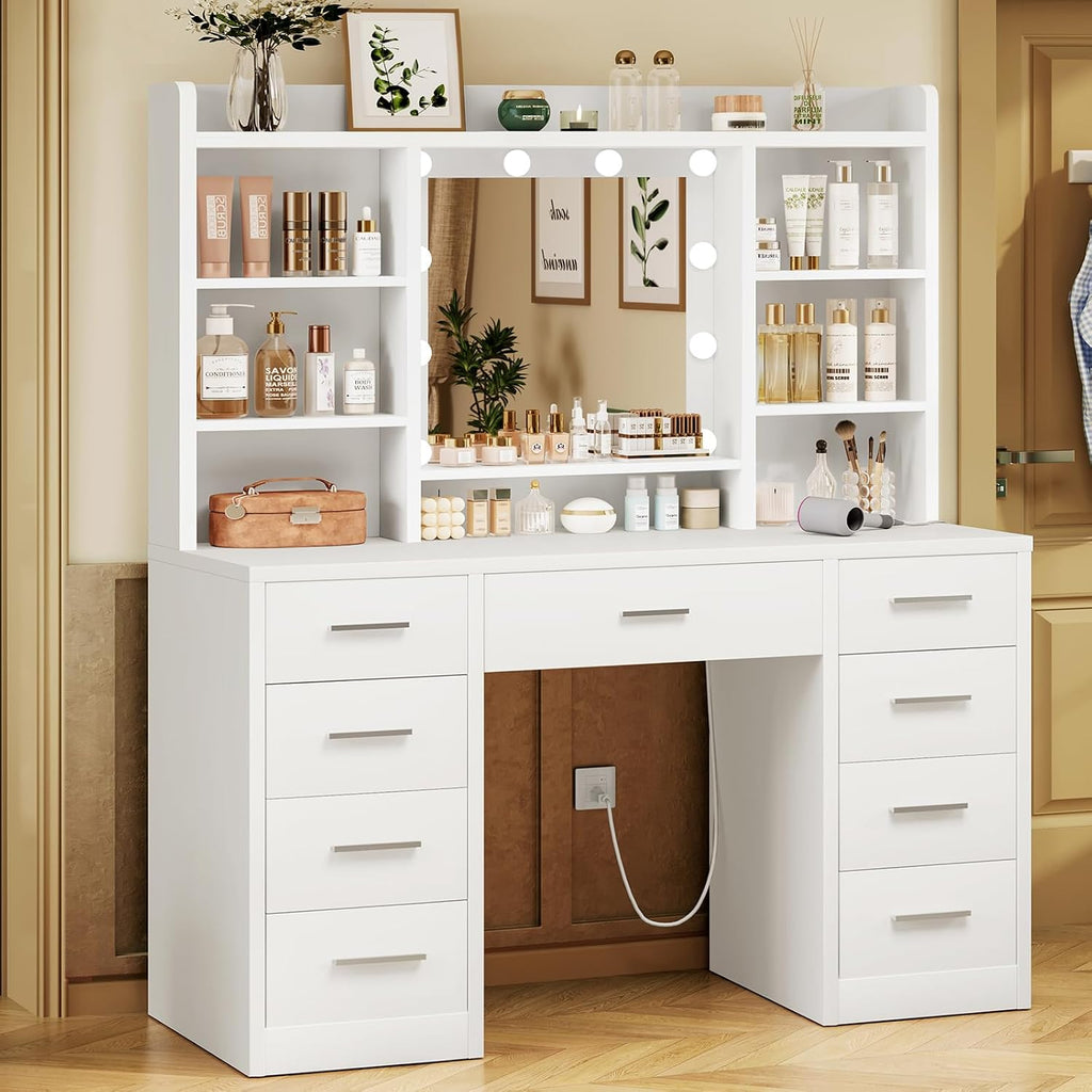 Vanity Desk with Mirror and Lights, Power Outlet, Makeup Vanity with 9 Drawers & 6 Open Storage Shelves, 3 Lighting