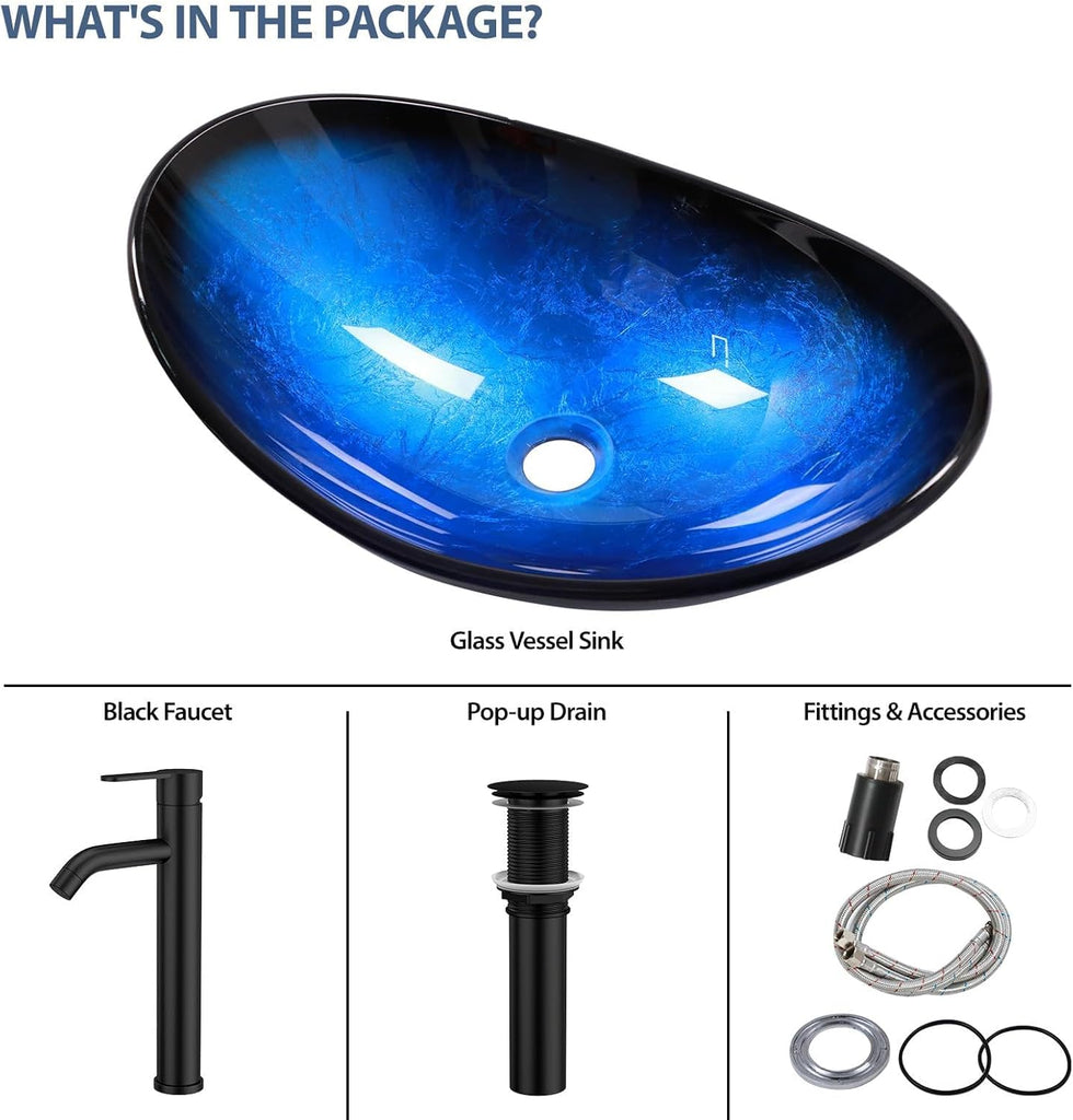 Glass Vessel Sink Bathroom Sink 21" Artistic Boat Shaped Black Blue Tempered Vessel Sink with Black Faucet Pop Up