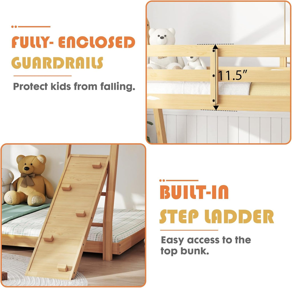 Bunk Bed Twin Over Full, Wooden House Bunk Bed with Climbing Nets & Ramp