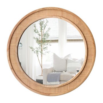 Round Rattan Mirror 30" Circle Wall Mirror Farmhouse Wooden Vanity Mirror