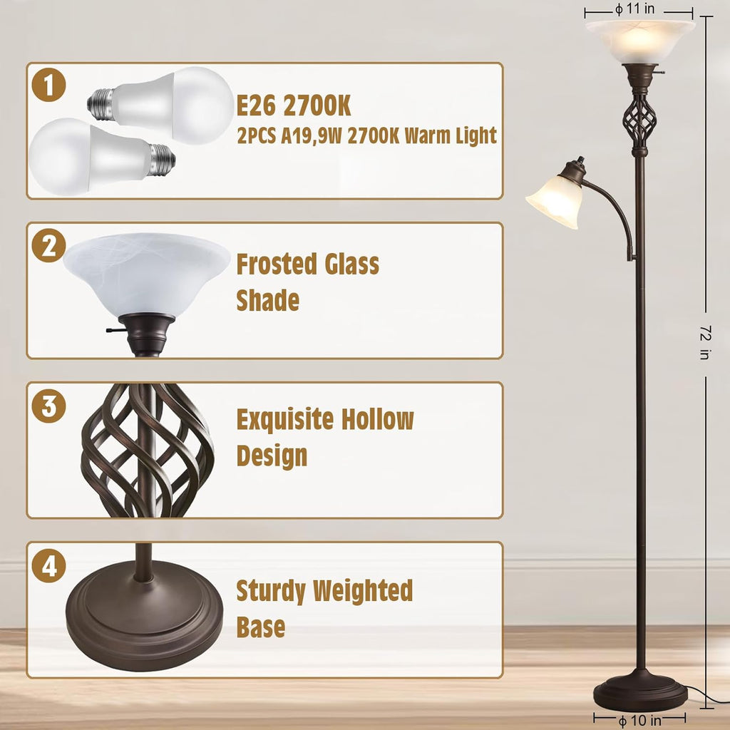 Torchiere Floor Lamp, LED Standing Reading Light with Glass Shade Corner Bedroom Home Office,Bulbs Included (Red Brown