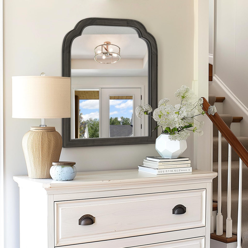 Wood Bathroom Mirrors for Wall Mounted, Rustic Solid Wood Frame Wall Mirrors Decorative Vanity, Arch Scalloped