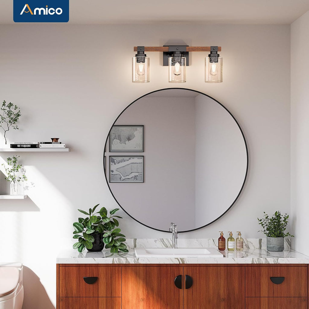 3-Light Farmhouse Bathroom Vanity Light, Seeded Glass, Black & Wood | Bubble Glass Shade Wall Sconce, Over Mirror