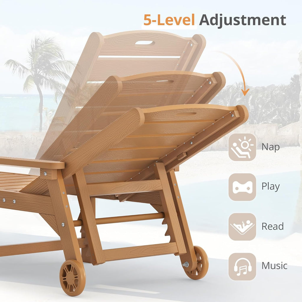 Outdoor Chaise Lounge, 5‐Position, 2‐Pack, Teak Color | HDPS Oversized Lounge Chair with Armrest, Fade & Crack