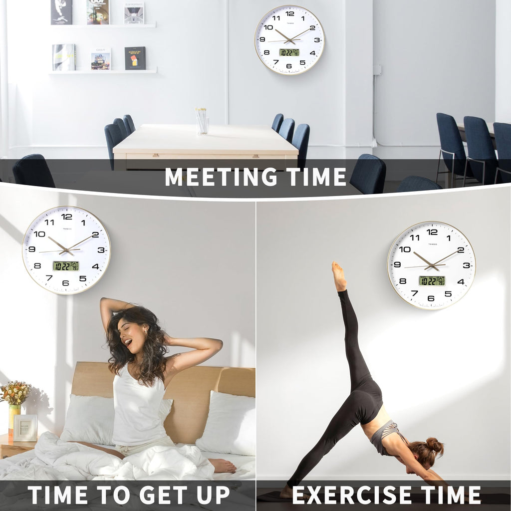 Wall Clock, 14" Large Dial Non-Ticking Silent Battery Operated Analog with LCD Display for Perpetual Calendar and F°