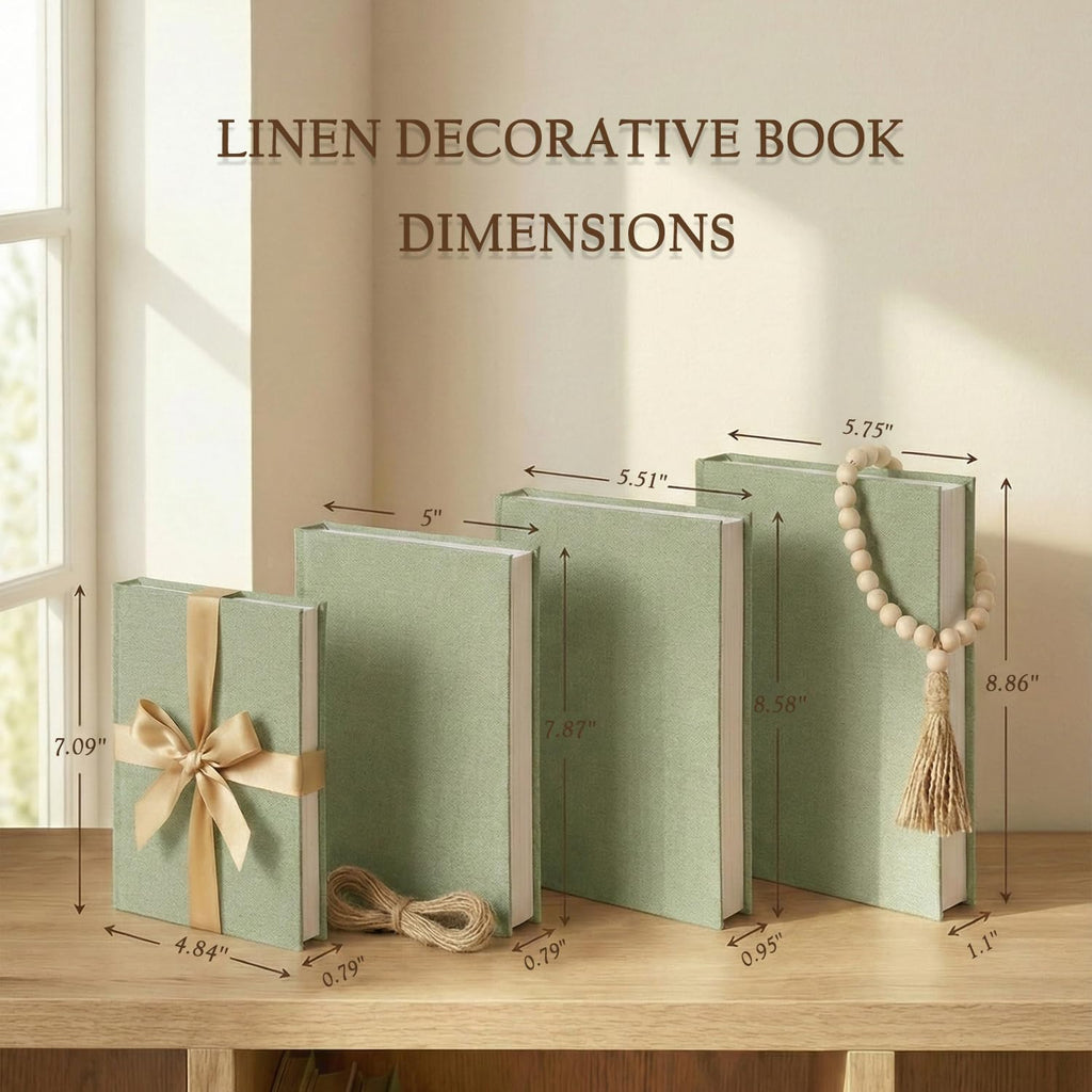 Decorative Books Decor-Set of 4 Real Linen Decorative Books, Stacked Books with Wood Bead Garland, Jute Twine & Satin