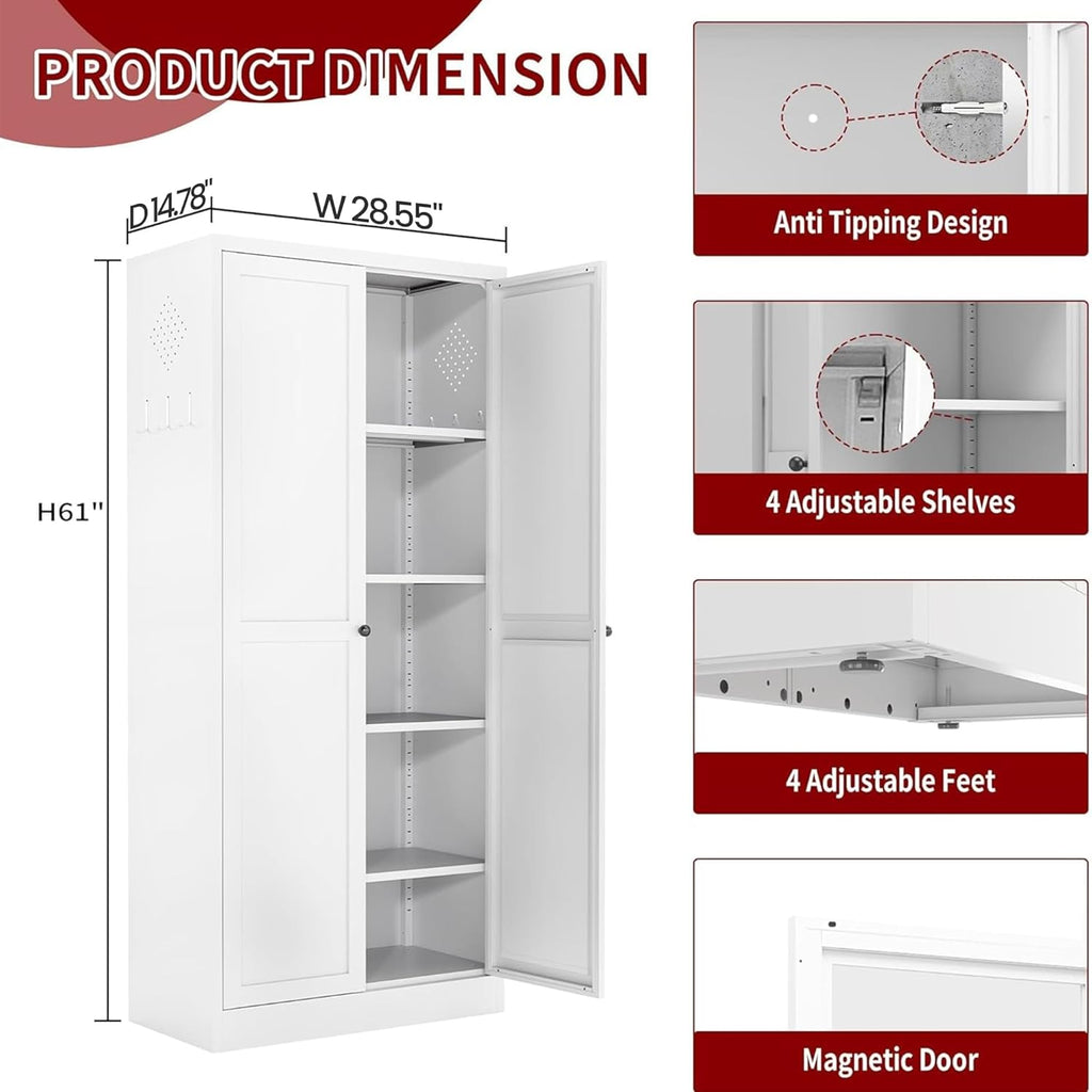 Kitchen Pantry Cabinet,61" White Pantry Storage Cabinet with 4 Tier Adjustable Shelves and 2 Doors,Freestanding