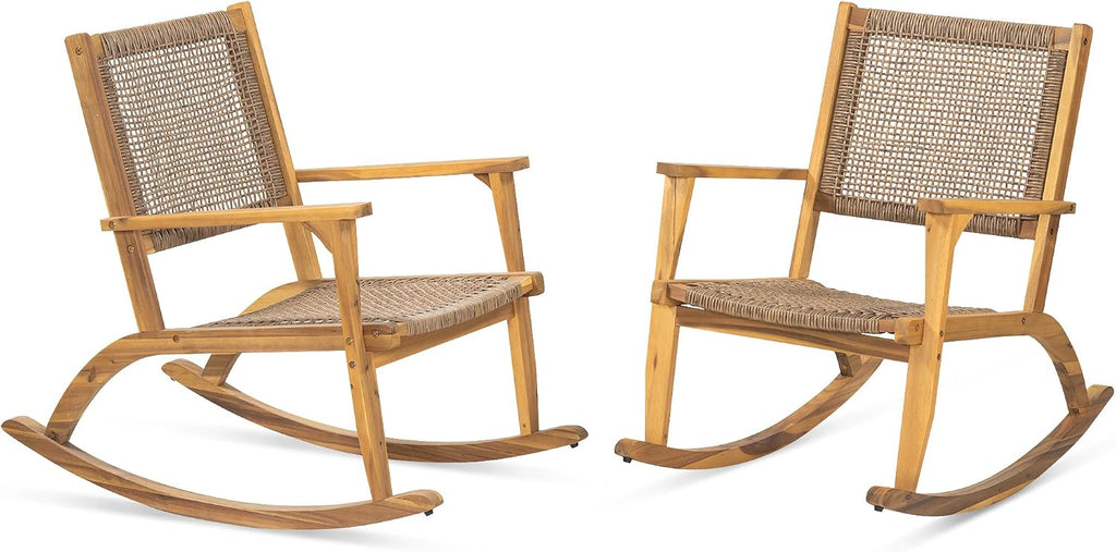 Acacia Wood Outdoor Rocking Chair Set of 2, Natural Wicker Outdoor Rockers with Wicker Rattan Seat & Backrest, 400