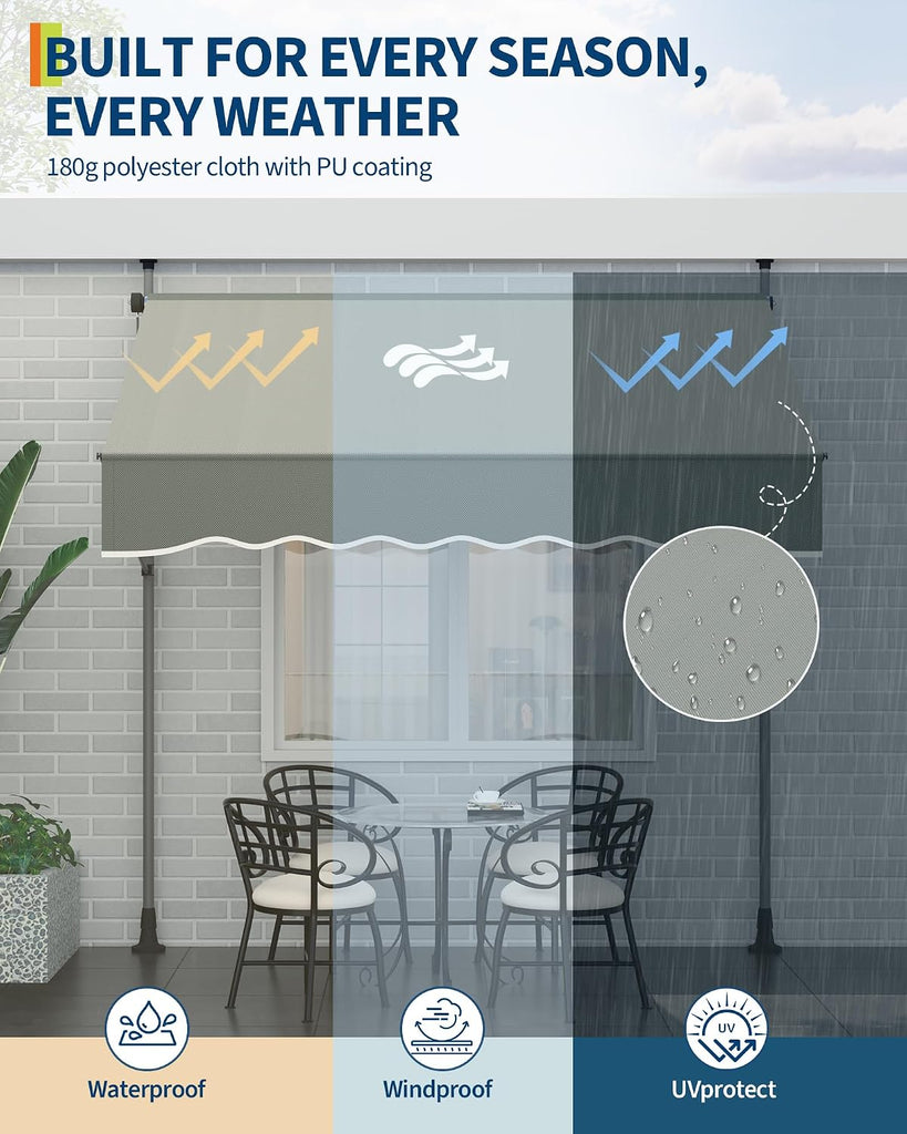 118'' Manual Retractable Awning , Angle & Height Adjustable Sunsetter Retractable Awning, Exterior Outdoor Sunshade