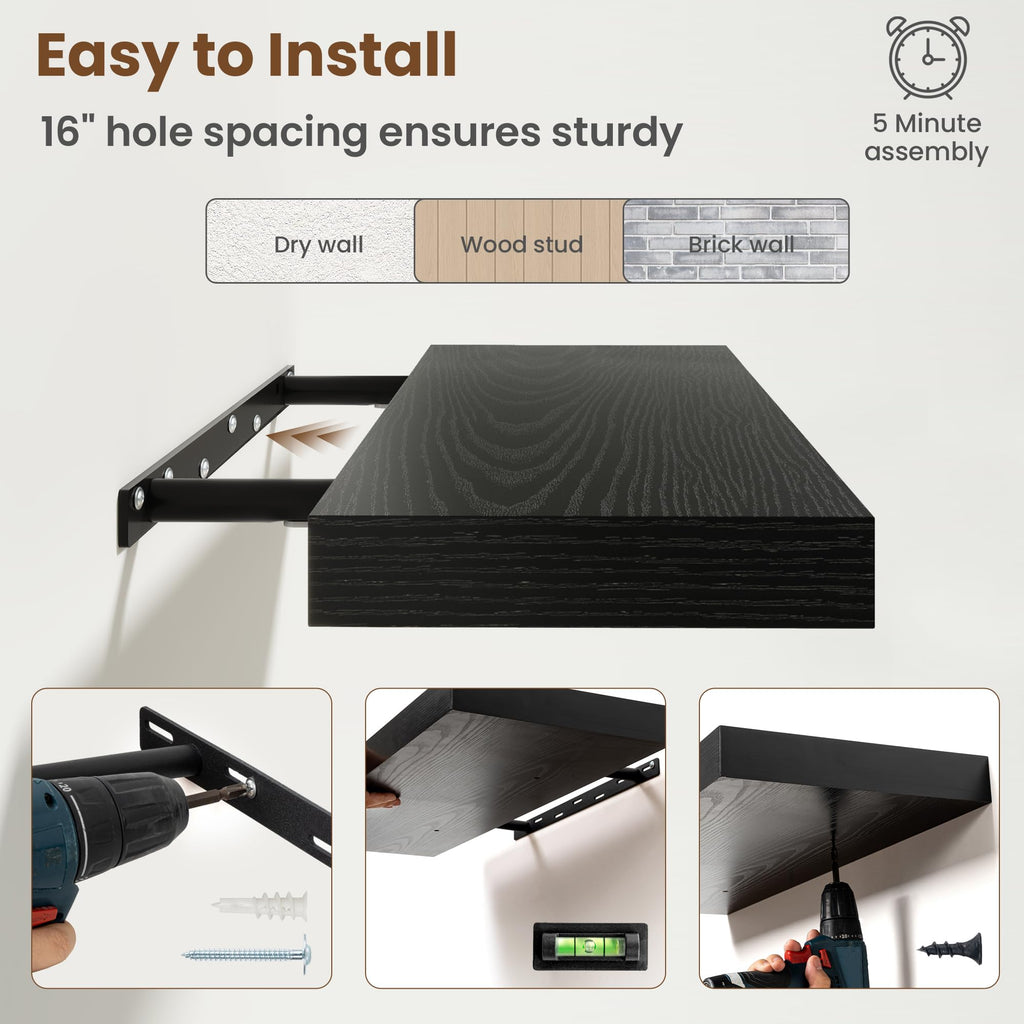 30 Inch Floating shelves for Wall, 8 Inch Deep, Invisible Brackets, Black