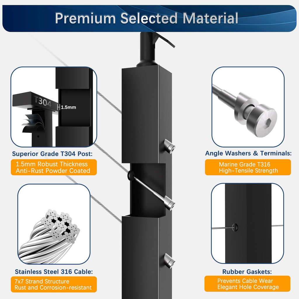 3 Pack One-Stop Side Mount Stair Cable Railing Post Kits 44" for 36"/42" Railing System, Left Side Stair Post Kit