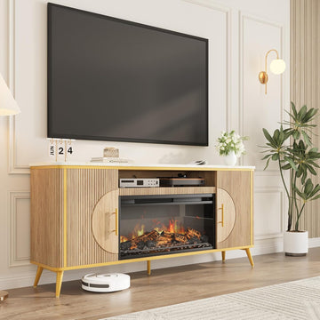 Fluted Fireplace TV Stand Up to 80" TVs, Modern Entertainment Center with 30" Electric Fireplace, Luxury Media