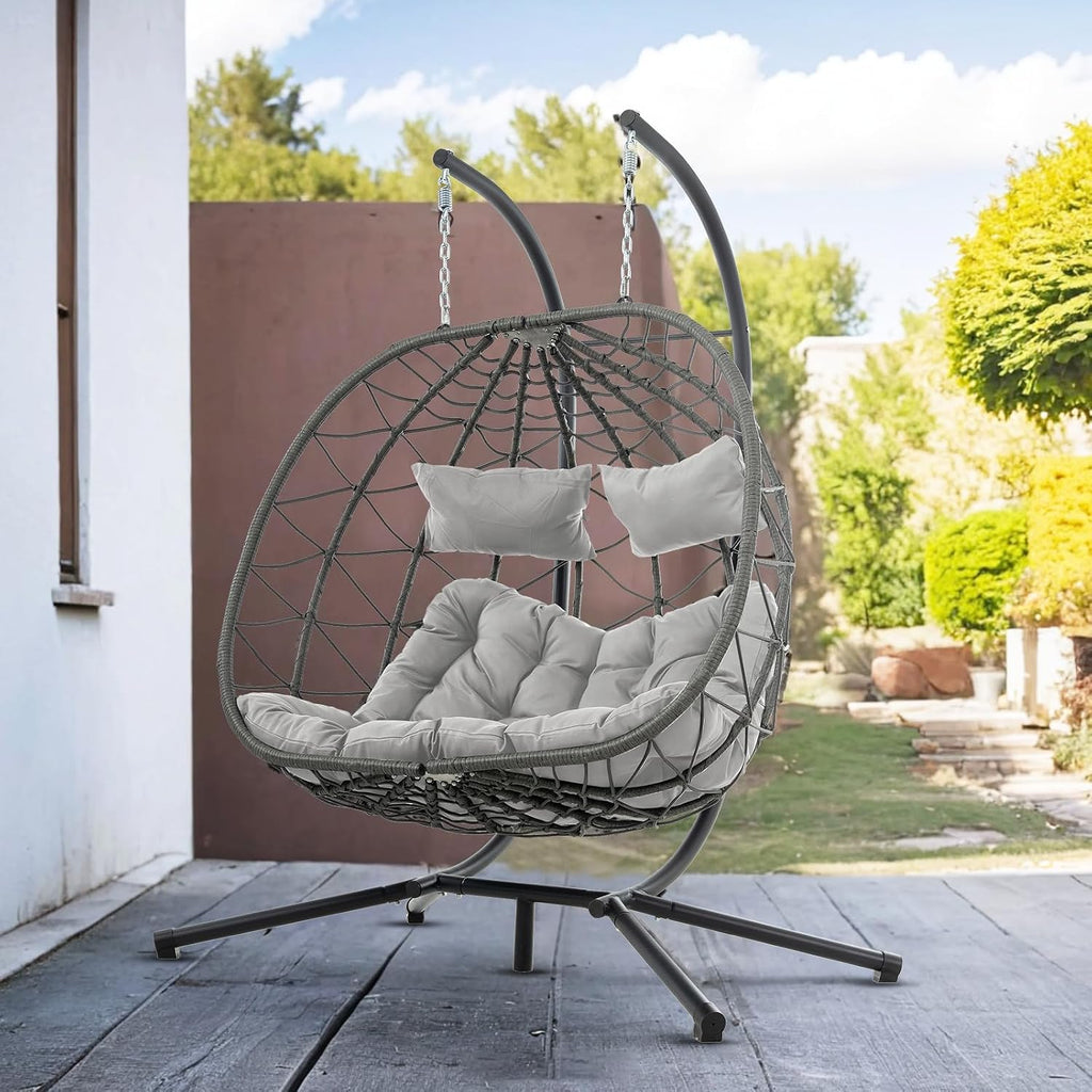 Double Egg Swing Chair with Stand, 2 Person Outdoor Indoor Hammock Hanging Chair with Cushion,Patio Wicker Hanging