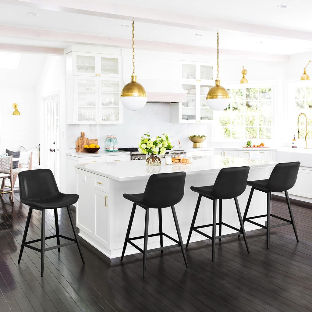 24 inch Counter Stool, Modern Bucket Barstool Set of 3, Barstools with Back and Footrest, Faux Leather Bar Stools