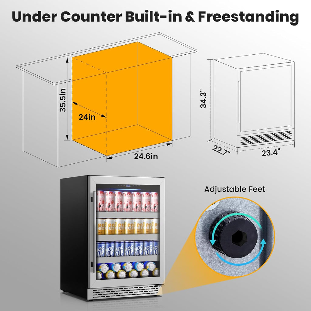 24 Inch Beverage Refrigerator,190 Cans Freestanding/Under Counter Beverage Fridg