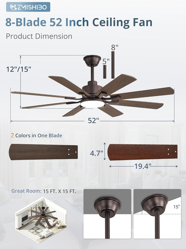 52 inch Ceiling Fan with Light and Remote, 8 Blades Ceiling Fans with 20W LED Light, Quiet DC Motor, 6 Speeds
