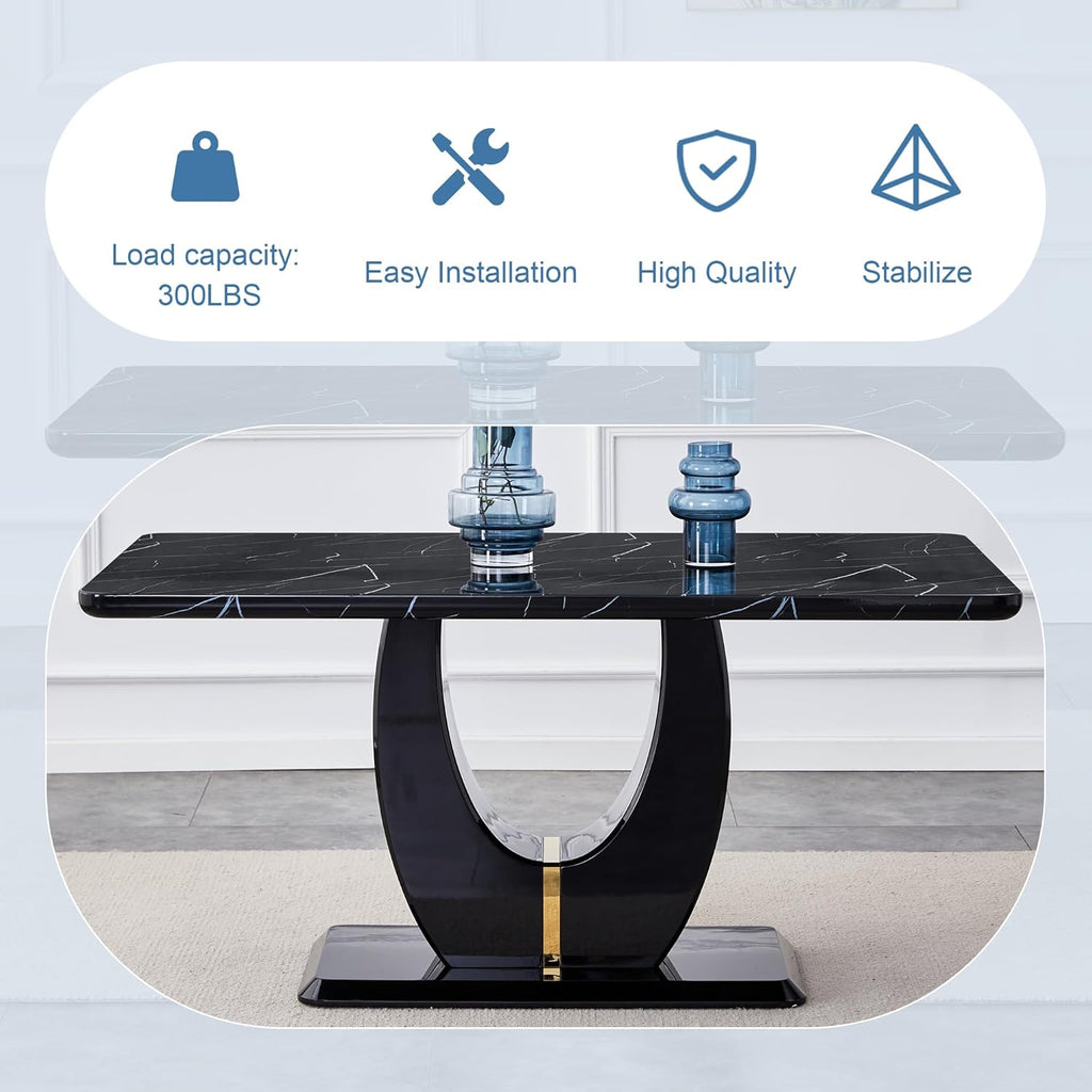 63" Black Marble-Look Dining Table for 6, Modern Rectangular Kitchen & Dining Room Table, Glossy Faux Marble Finish