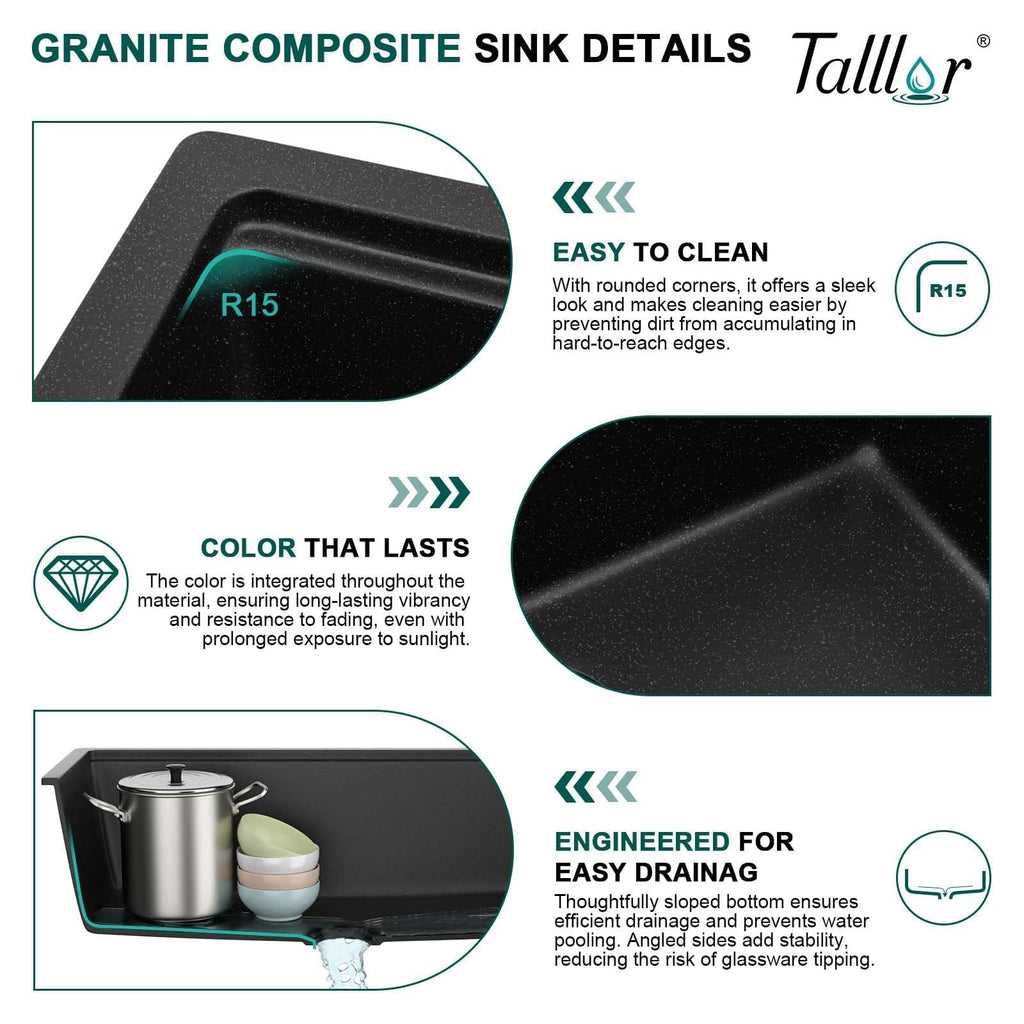 32x19" Black Undermount Kitchen Sink, Granite Composite Workstation