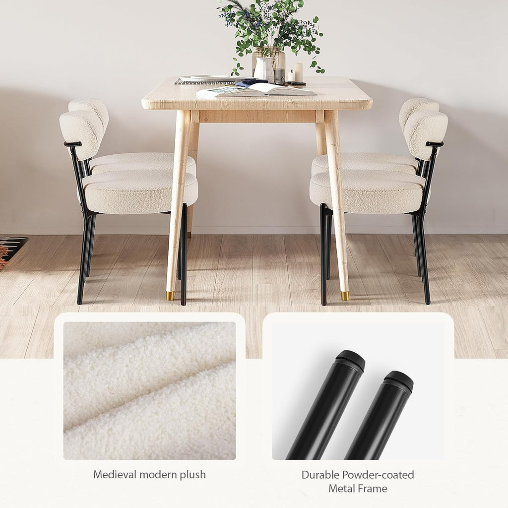 Dining Chairs Set of 2, Boucle Upholstered Modern Mid Century Round Kitchen Chairs with Curved Backrest & Metal Legs