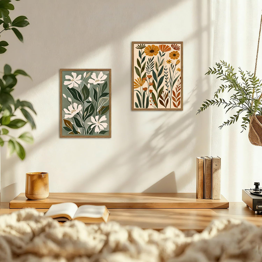 Framed Boho Floral 3 Piece Wall Art,Mid Century Modern Abstract Flower Pictures Wall Decor,Minimalist Botanical