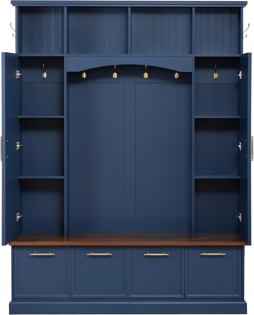 59" Farmhouse Hall Tree with Golden Hooks & Walnut Bench, Entryway Organizer with Adjustable Shelves, Shoe Storage