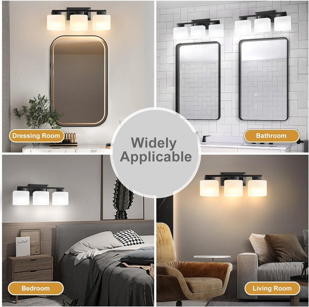 3-Light Bathroom Light Fixtures - Black Bathroom Vanity Lights with Frosted Glass Shade Modern Bathroom Lighting