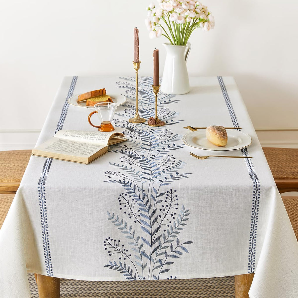 Linen Style Embroidered Tablecloth, Waterproof and Wrinkle-Resistant Table Cloth Rectangle Tables, F
