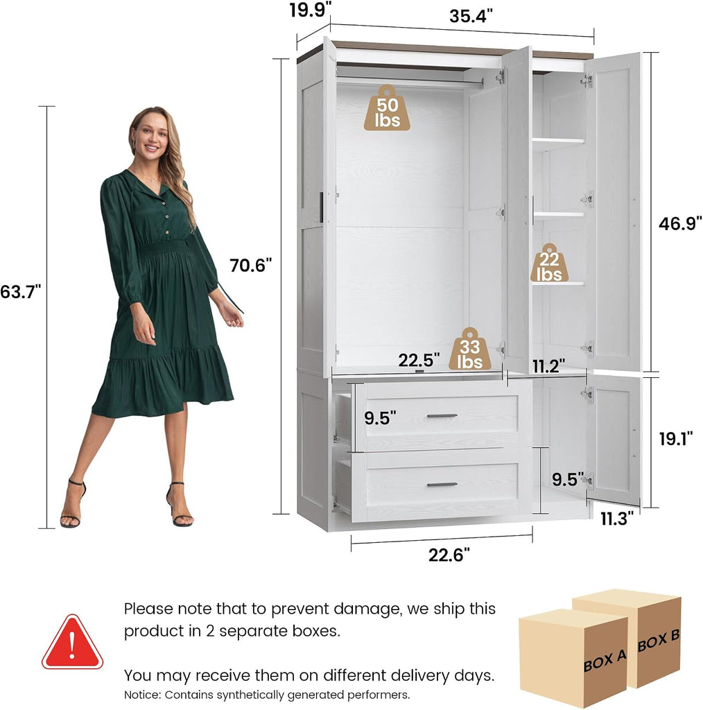 3-Door Armoire Wardrobe Closet with 2 Drawers and Shelves, White | Modern Farmhouse Style / Hanging Rod / Adjustable