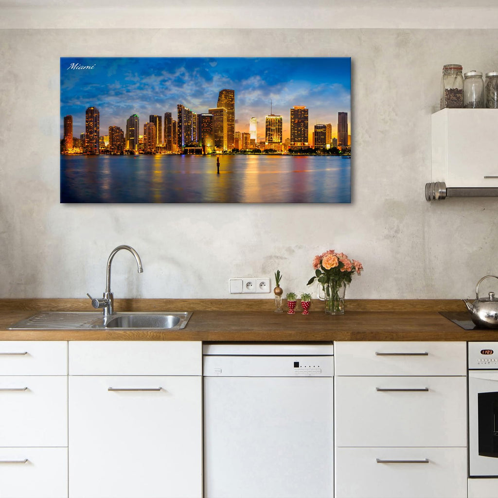 Florida Miami Canvas Wall City Skyline Poster Modern Cityscape Canvas Prints Picture Office Decorations Blue Night