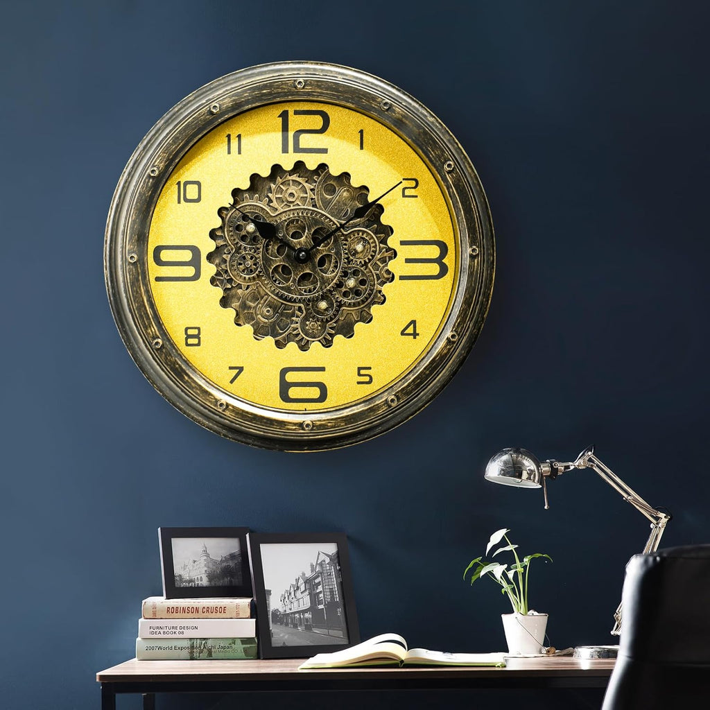 16 inch Large Gear Clock with Real Moving Gears, Steampunk Gold Wall Clock, Suitable for Living Rooms, Offices, Factories, Bedrooms, and...