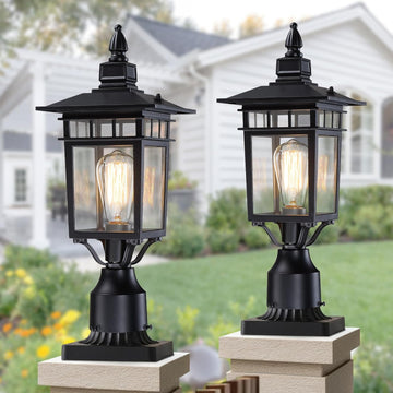 17.6'' Outdoor Post Light 2 Packs, Black Pole Lantern Lighting Fixture Hard Wired