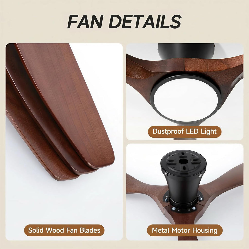 52" Wood Ceiling Fan with Lights, Flush Mount Low Profile Ceiling Fan with Remote Control, Dimmable LED