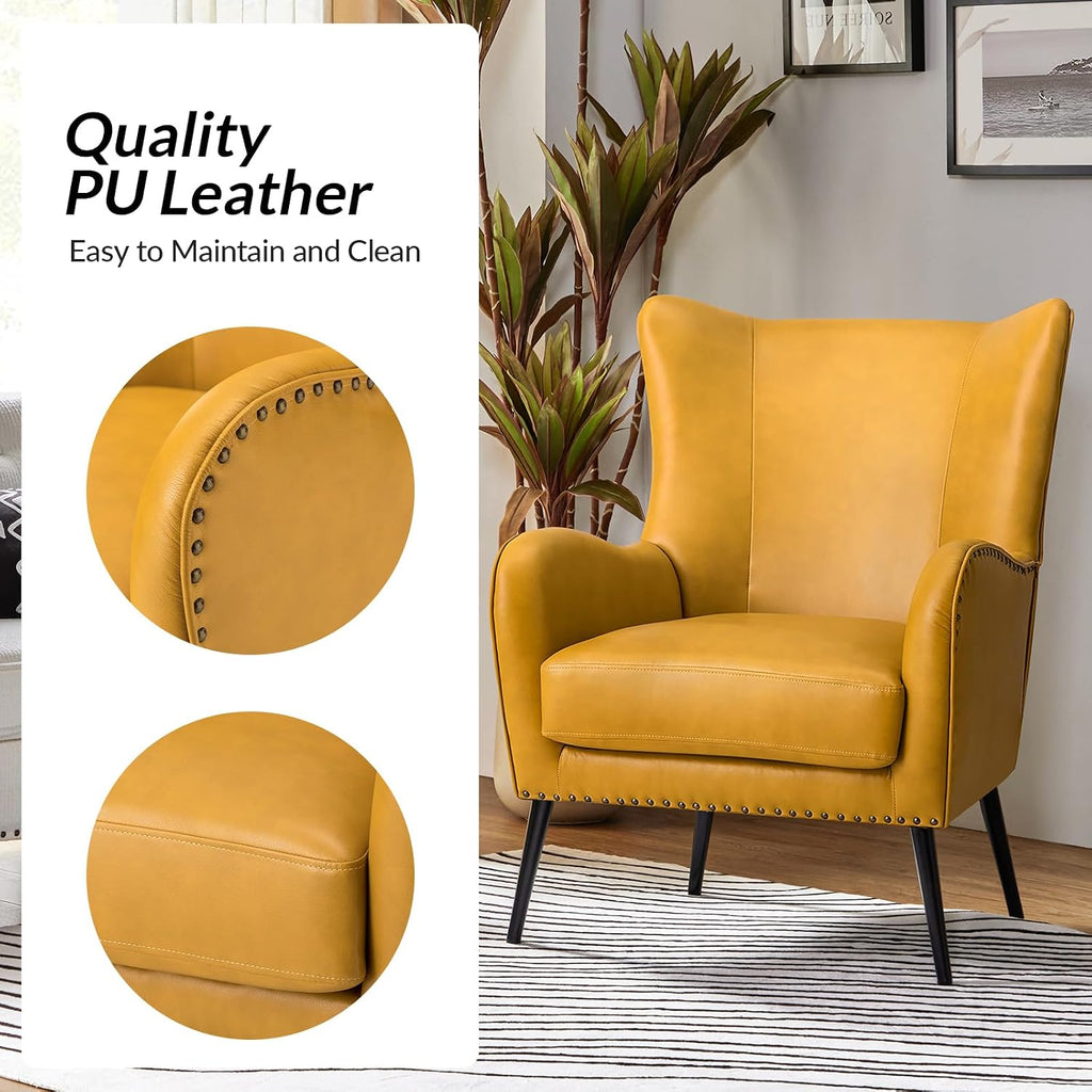 Upholstered Faux Leather Accent Chair with Black Metal Legs, Comfy Armchair with Removable Cushion & Nailhead Trim