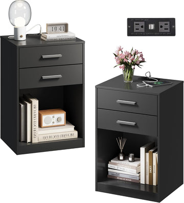 Nightstand Set of 2 with Charging Station, Wood Night Stand Sets with 2 Drawers and Open Shelf, Bed Side Tables
