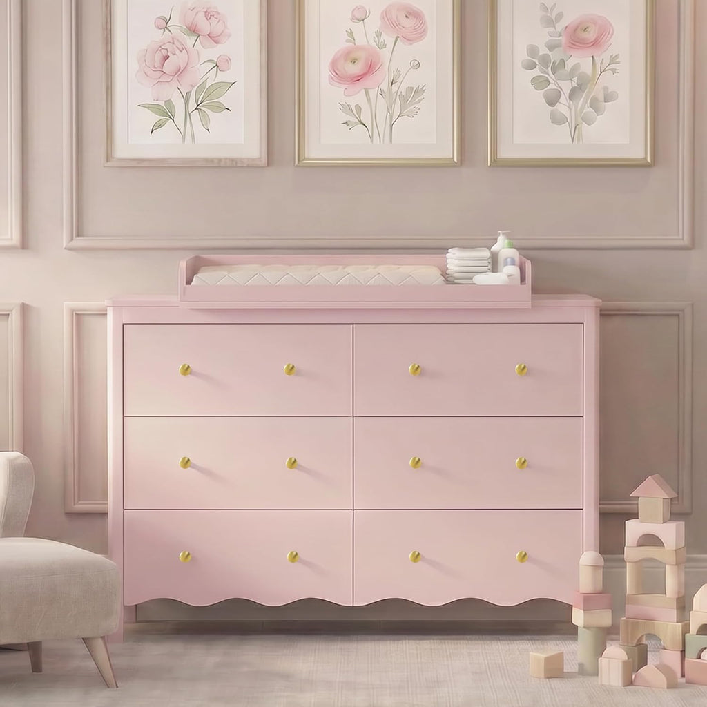 Baby Changing Table (Pink) | Wooden Dresser Kids Dresser with 6 Drawer Dresser Baby Dresser Organizer Diaper Station