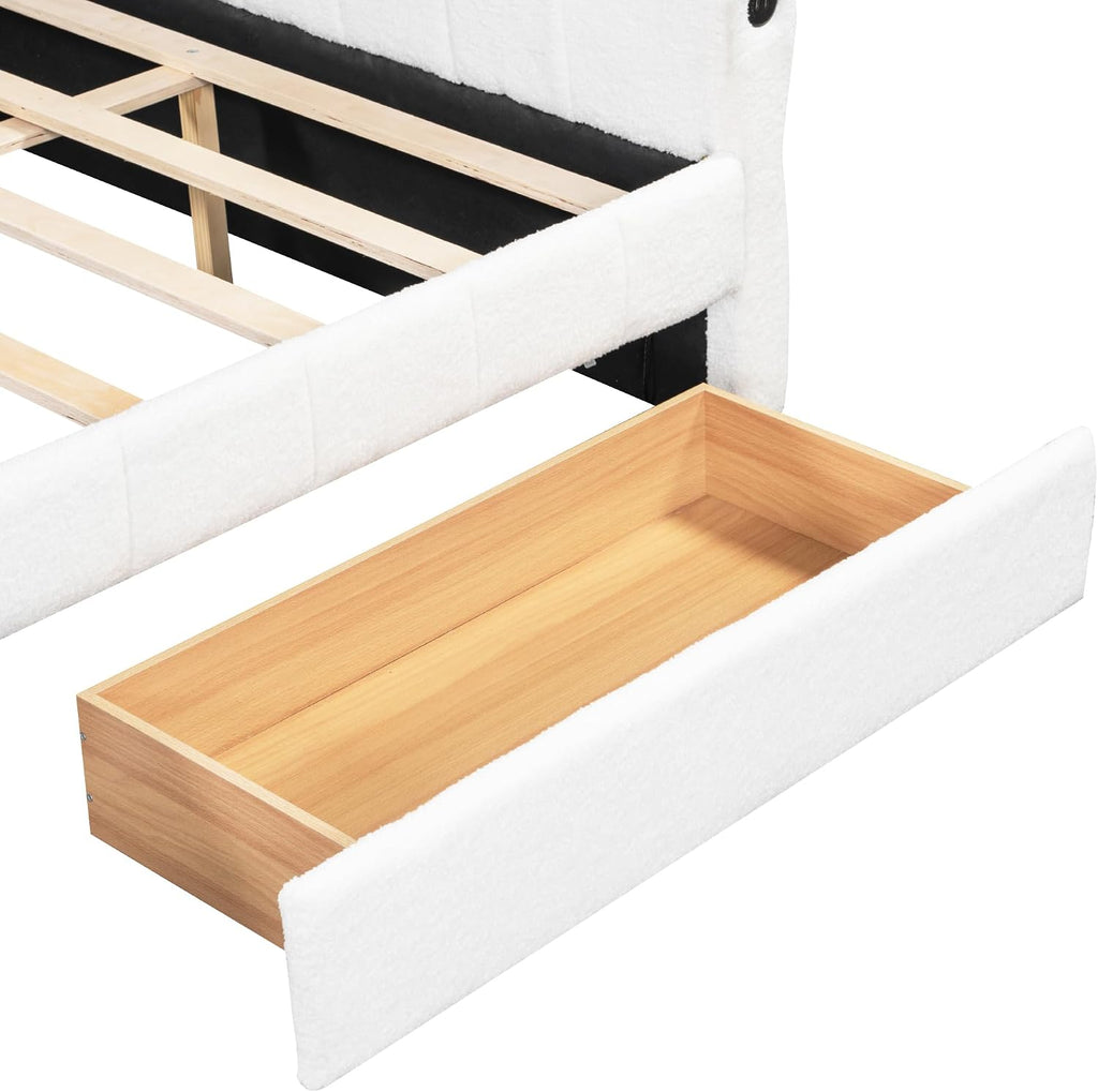 Queen daybed with USB, Queen Corner Bed with Two Drawers, Upholstered Bed Frame for Kids,Teens,Adults, Lambswool