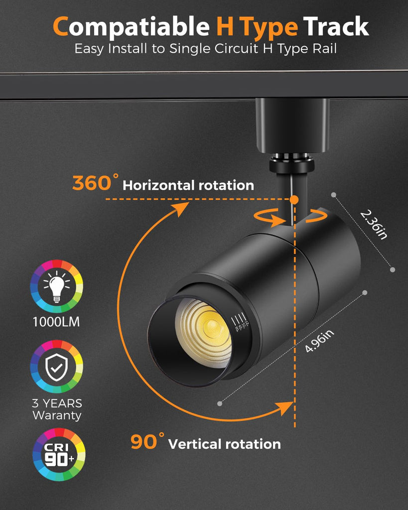 Zoomable 10W LED Track Lighting Heads H Type, Black 4 Pack