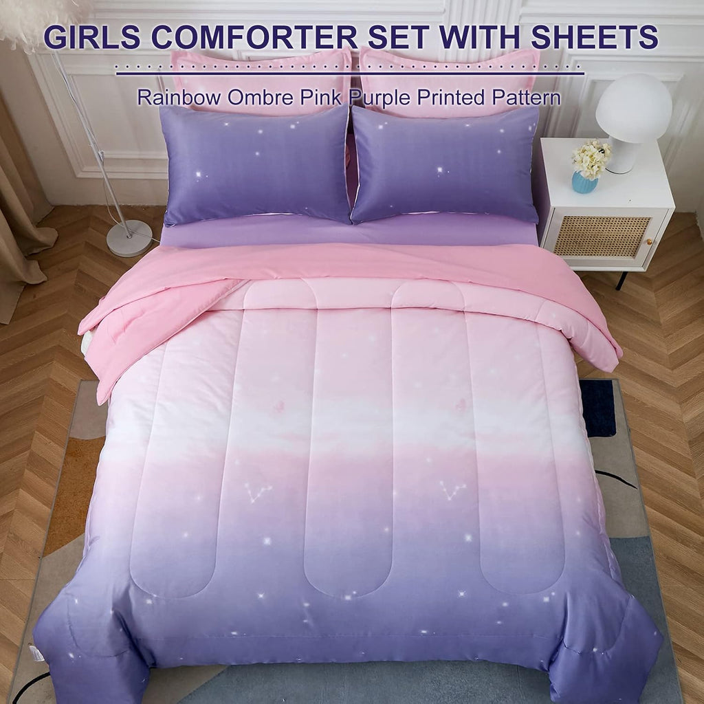 Girls Comforter Set / Colorful Ombre Pink Rainbow Bedding Set Bed in A Bag for Kid Teen Girls 7 PC