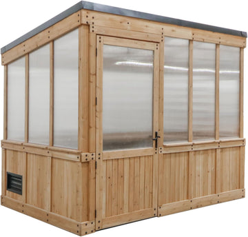 Discovery Willow 9' x 6' Cedar Wood and Polycarbonate Walk-in Greenhouse Kit with Exhaust Fan, Windows, Hose